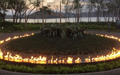 Submersible fire on water manifolds and custom pilot burners created this "Ring of Fire" in Costa Rica