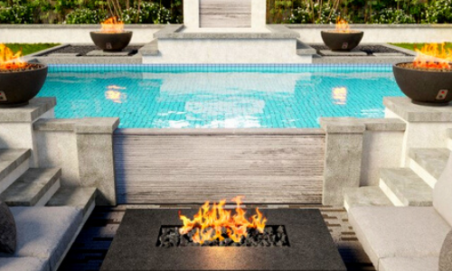 ideas for how to set up fire bowls around a swimming pool