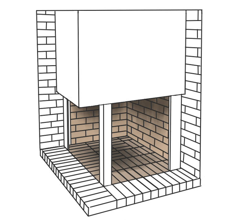 Corner Fireplace Illustration with wall and post obstructions