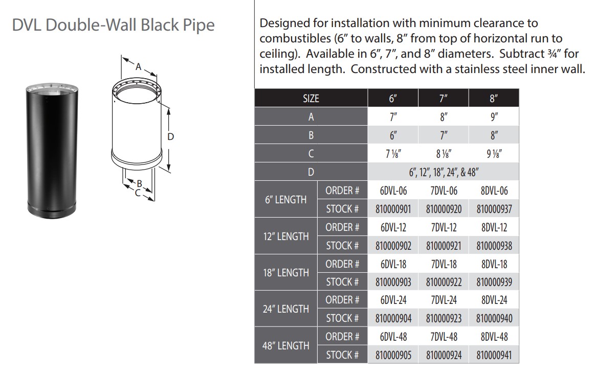 DuraVent 6DVL-x DVL 6-inch Diameter Double-Wall Black Pipe