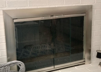 Brushed Satin Nickel Athena Fixed Size Masonry Fireplace Door with Clear Tempered Glass and Mesh Curtain Close Up