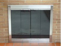 Brushed Nickel Fireview Masonry, Tracked BiFold, Fireplace Door with Smoked Tempered Glass