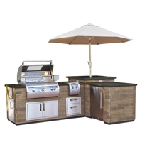 Reclaimed French Barrel Oak Wood Finished L-Shaped Grill Island With Refrigerator