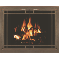 Oriana Fireplace Door With Window Pane And Brushed Copper Trim On Main Frame And Door