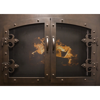 Portland Willamette Grand Forge II Masonry Fireplace Door shown in Brushed Black Copper And Fleur De Lis Hinge