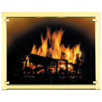 Appalachian All Glass Fireplace Door shown with cabinet style doors in polished brass