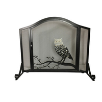 Arched panel screen black wrought iron with hand brushed brownze owl design, 31"H x 38"W