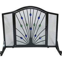 Arched panel screen black wrought iron green and blue glass with peacock design, 33"H x 44"W