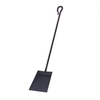 A black shovel, with a long handle and a hook at the top of the handle.