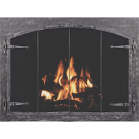 Forged Steel Laramie Arch Conversion Masonry Fireplace Door With Strap Hinges in clear natural