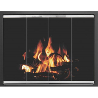 Foundation Prefab Fireplace Door in Matte Black shown in Textured Black main frame with Brite Nickel door frame