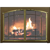 Portland Willamette Ovation Arch Conversion Masonry Fireplace Door shown with Textured Mocha main frame and Satin Brass door frame with window pane design