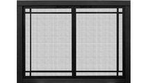Mesh Zero Clearance Fireplace Door With Window Pane Design shown in Matte Black with square handles