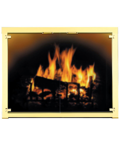 Appalachian All Glass Fireplace Door shown with cabinet style doors in polished brass