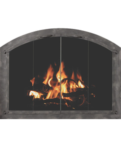 Cascade Arched Masonry Fireplace Door in Burnished Bronze with designer handles & bi-fold doors