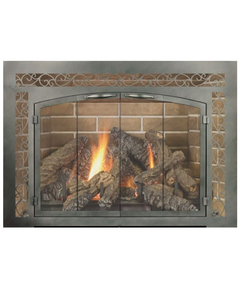 Cascadian Arch Conversion Masonry Fireplace Door with sidelights & transom - Weathered Brown Finish - shown with upgraded bi-fold doors