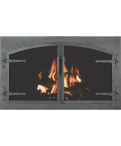 Forged Steel Laramie Arch Conversion Zero Clearance Fireplace Door With Strap Hinges in clear natural