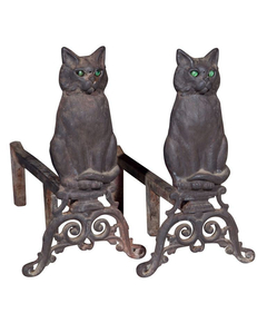 Cat Andirons in Black with Reflective Glass Eyes