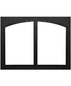 Cascade Arch Conversion Masonry Fireplace Door in Textured Black powder coat with cabinet style doors.