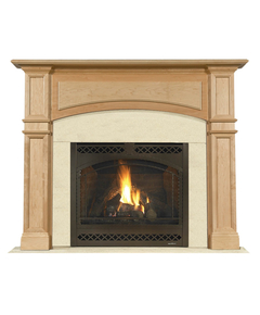 Arched Arlington Fireplace Mantel Surround Shown here in Maple Clearcoat with Creama Marfil Marble