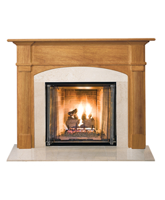 Arched Wilson Fireplace Mantel Surround Shown here in Cherry with Clearcoat finish and Crema Marfil Marble