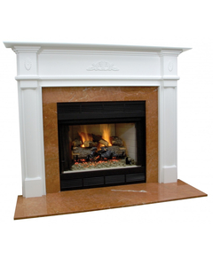 Wilson II Fireplace Mantel Surround Shown here in Painted White with Crema Marfil Marble