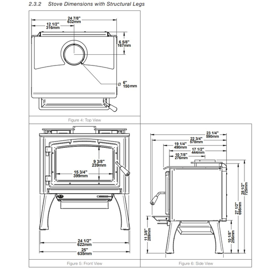 Wood Stove with Structural Leg Dimensions