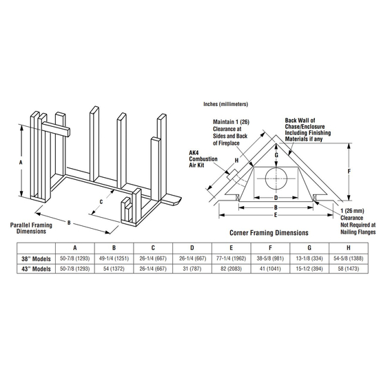 Superior WRT3543 Wood Burning Fireplace Framing Dimensions