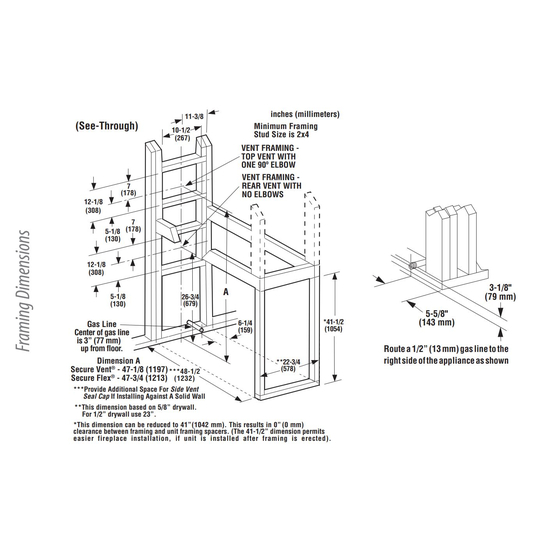 DRT40ST Multi-View Fireplace Framing Dimensions