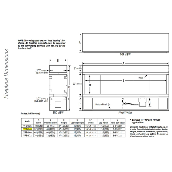 VRE4648 Overall Fireplace Dimensions