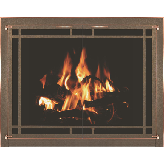 Oriana Fireplace Door With Window Pane And Brushed Copper Trim On Main Frame And Door
