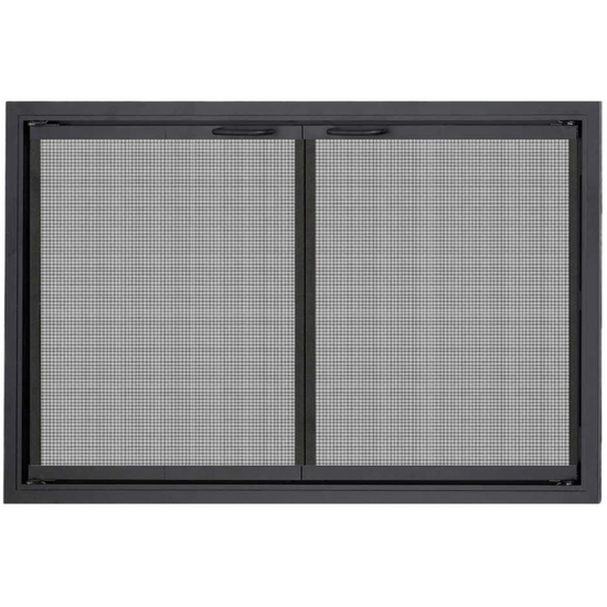 Stiletto Gate Mesh Zero Clearance Fireplace Door in Rustic Black with Simplicity Handles