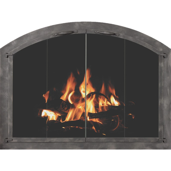 Cascade Arched Masonry Fireplace Door in Burnished Bronze with designer handles & bi-fold doors