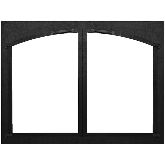 Cascade Arch Conversion Masonry Fireplace Door in Textured Black powder coat with cabinet style doors.