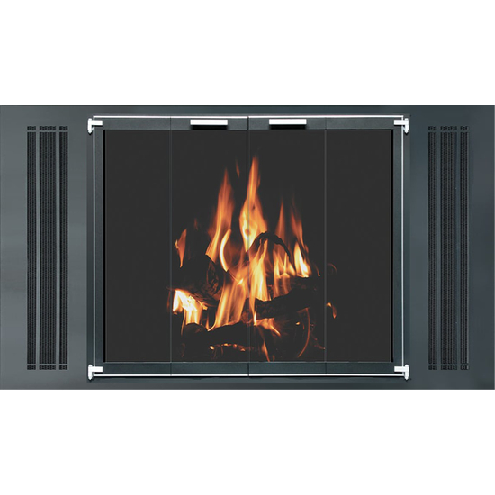 Mark 123 Fireplace Facing With Doors And Side Vents In Matte Black Finish with STO1511 louver design and Chrome Trim