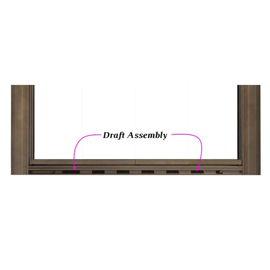 Draft assembly is configured into the aluminum frame of the Savannah fireplace door.