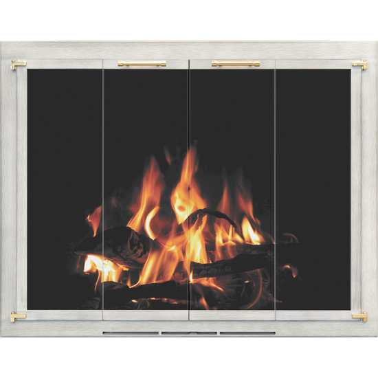 Traditional Brushed White Masonry Fireplace Door With Satin Brass Handles & Hinges