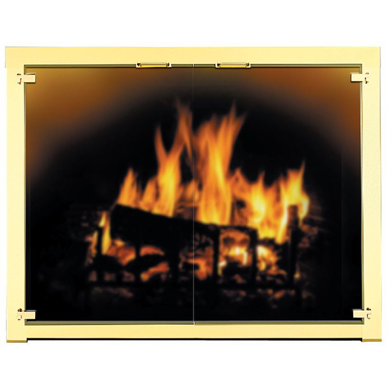 Appalachian All Glass Fireplace Door shown with cabinet style doors in polished brass