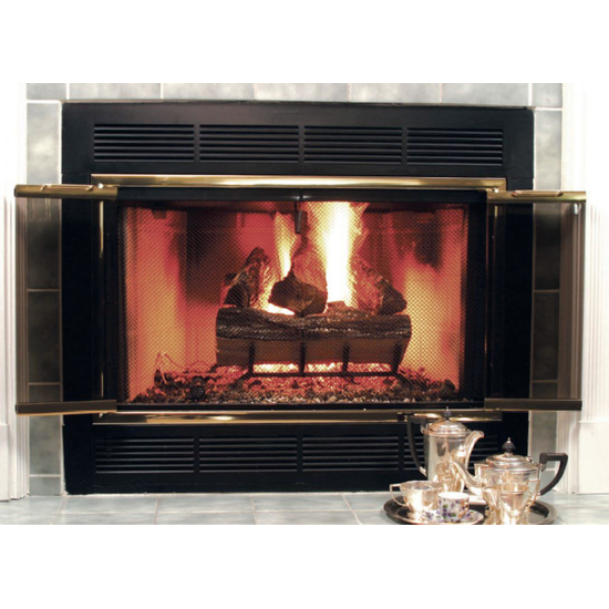 Polished Brass Sunrise Zero Clearance Fireplace Door With Open Doors