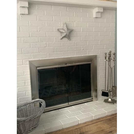 Brushed Satin Nickel Athena Fixed Size Masonry Fireplace Door with Clear Tempered Glass and Mesh Curtain