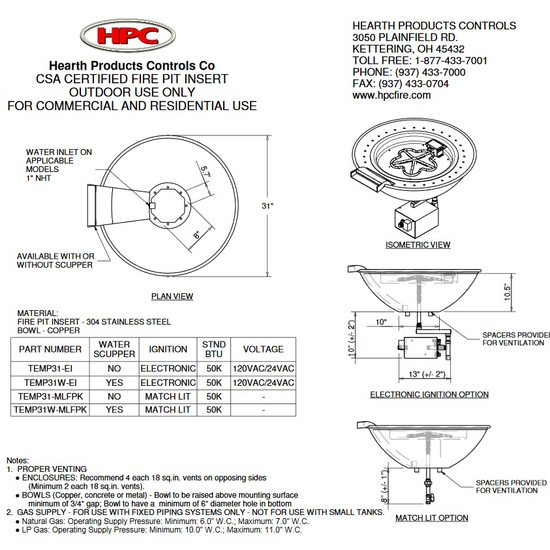 Fire Bowl Specifications