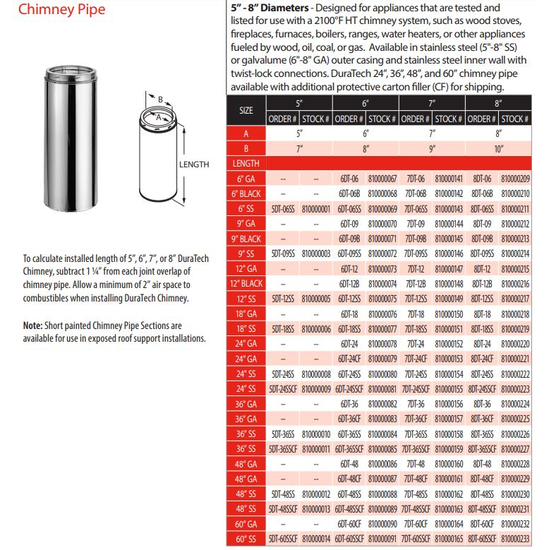 6" x 24" DuraTech Stainless Steel Chimney Pipe - 6DT-24SS Specs