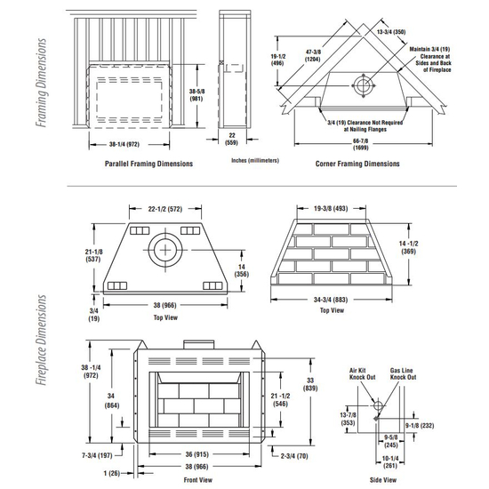 WRT2036 Wood Fireplace Dimensions