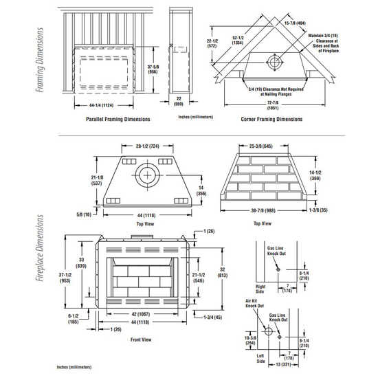 WRT2042 Wood Fireplace Dimensions