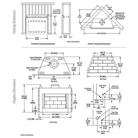 WCT3042 Wood Fireplace Dimensions
