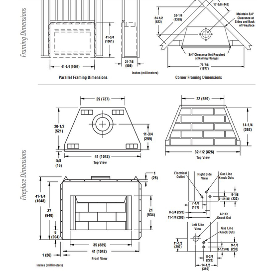 WCT3036 Wood Fireplace Dimensions