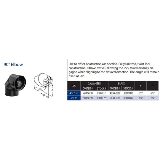 4” x 6 5/8” DirectVent Pro 90° Elbow Galvanized Chimney Pipe Specs