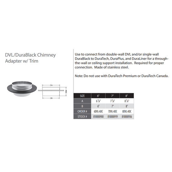DVL/DuraBlack Double Wall Chimney Adapter With Trim Specs