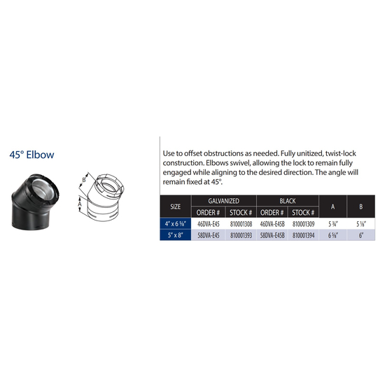 4” x 6 5/8” DirectVent Pro 45° Elbow Galvanized Chimney Pipe Specs
