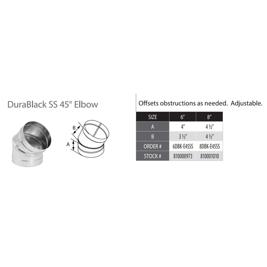 DuraBlack Stainless Steel Single Wall 45° Black Elbow Specs